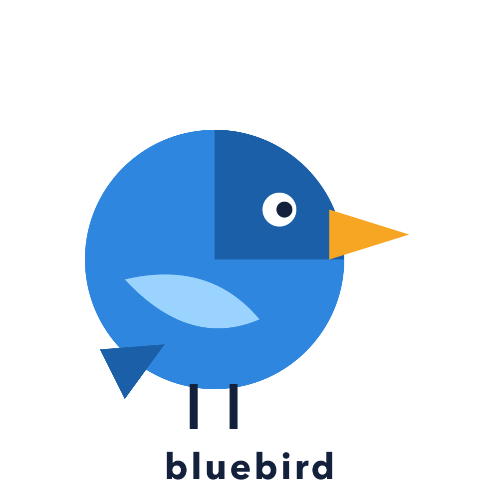 Geometric blue bird logo built from circles and triangles with an orange beak and the lowercase word bluebird, original PNG at 4x zoom