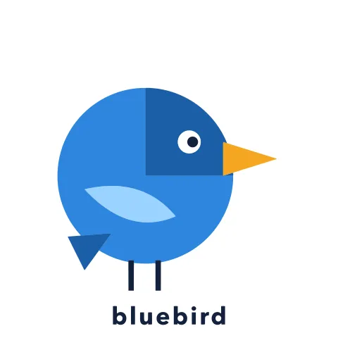 Geometric blue bird logo built from circles and triangles with an orange beak and the lowercase word bluebird