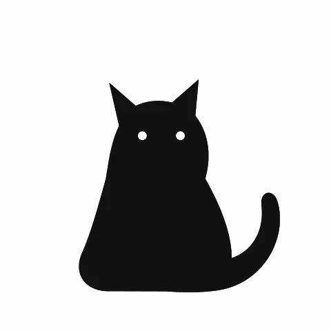Black silhouette of a sitting cat with pointed ears, a curled tail and two small white eyes