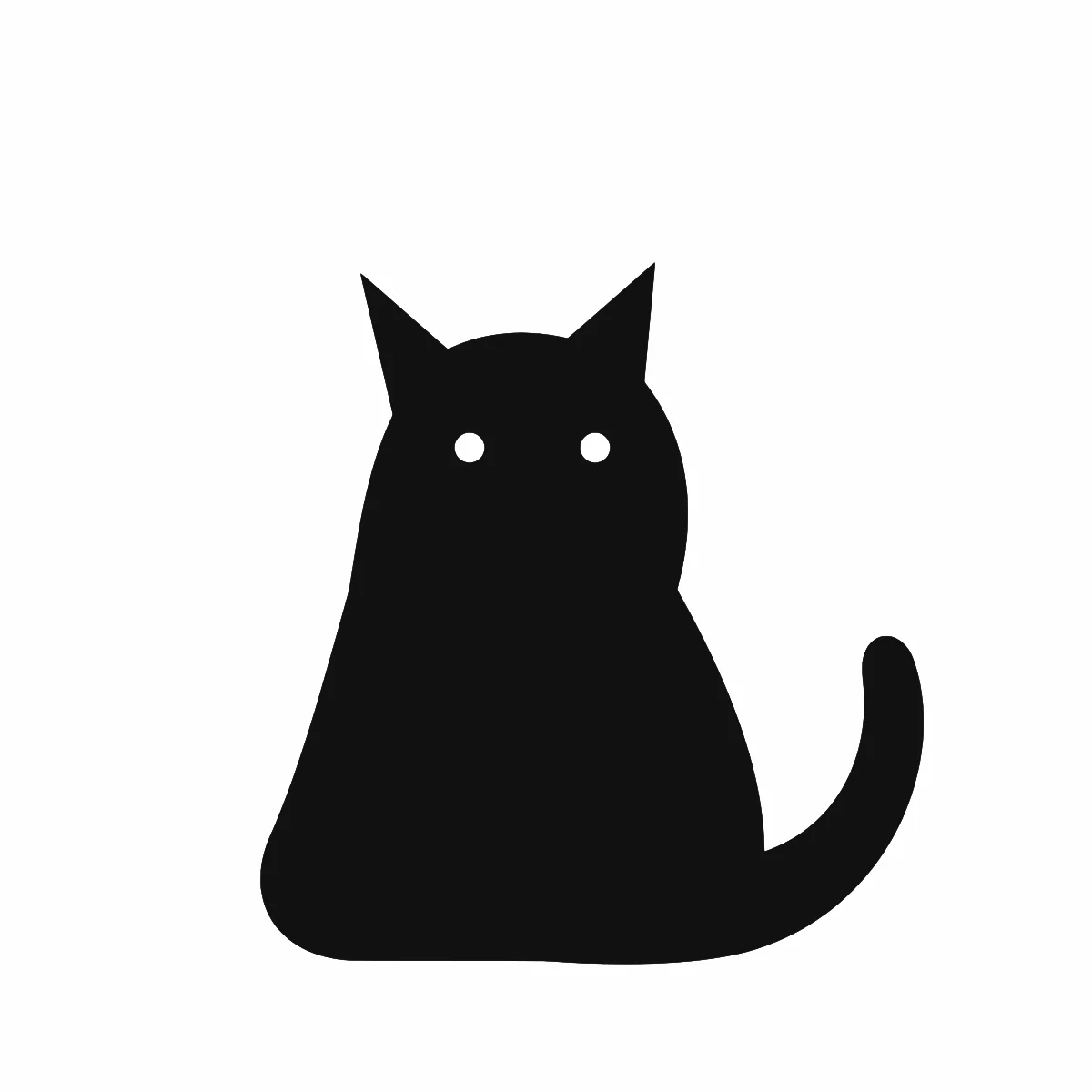 Black silhouette of a sitting cat with pointed ears, a curled tail and two small white eyes, SVG preview