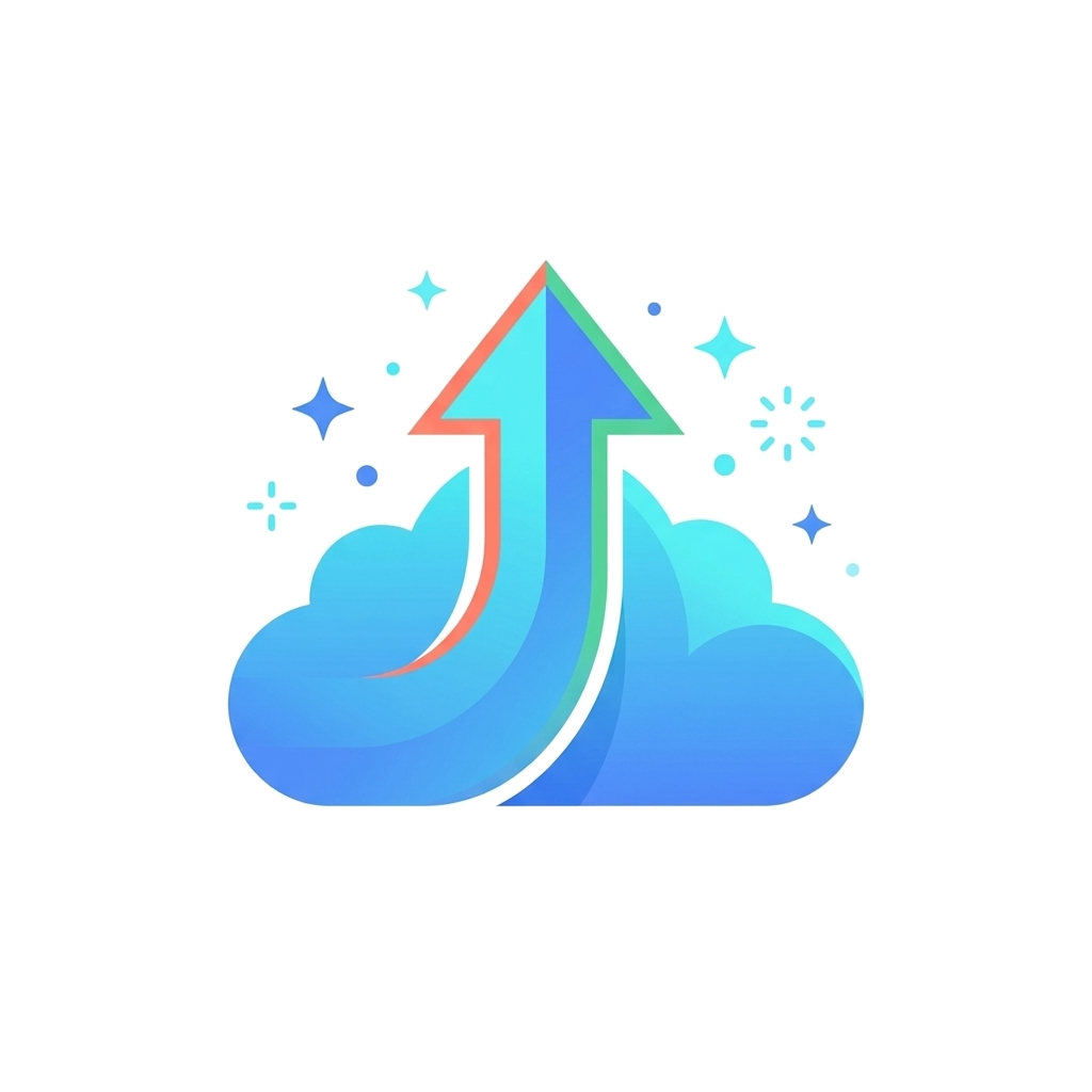Blue gradient cloud icon with a tall upward arrow outlined in orange and small star sparkles, original PNG at 4x zoom