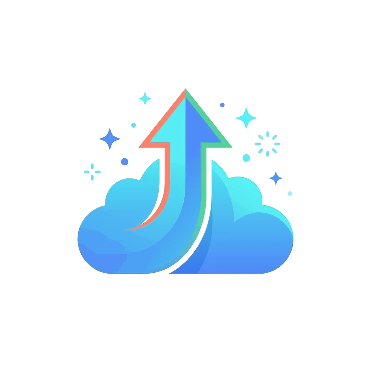 Blue gradient cloud icon with a tall upward arrow outlined in orange and small star sparkles, SVG preview