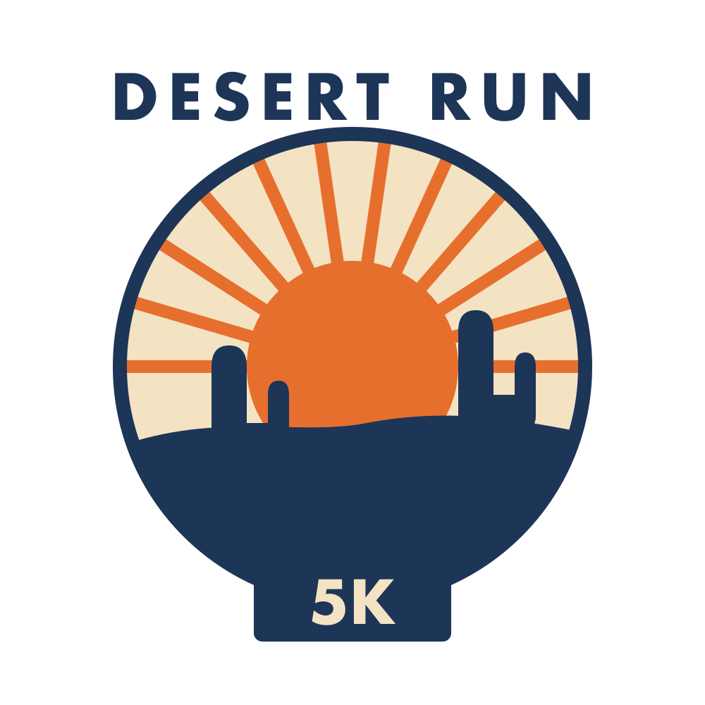 Three-color race t-shirt design with an orange sunburst, navy hills and cacti inside a circle under the words Desert Run and a 5K tag, original PNG at 4x zoom