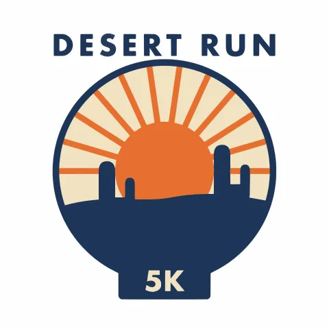 Three-color race t-shirt design with an orange sunburst, navy hills and cacti inside a circle under the words Desert Run and a 5K tag