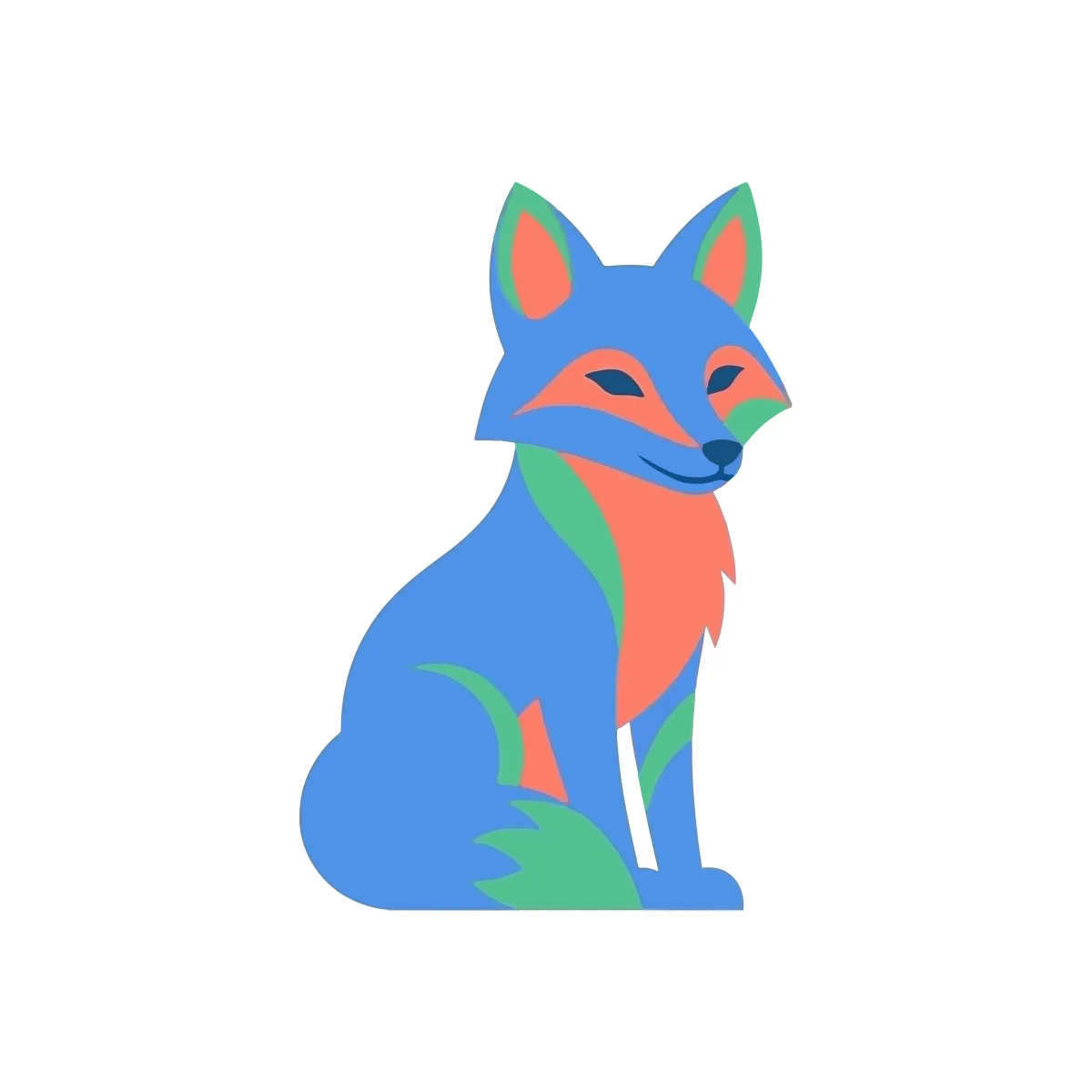 Flat illustration of a sitting fox in blue with coral and green accents on a white background, SVG preview