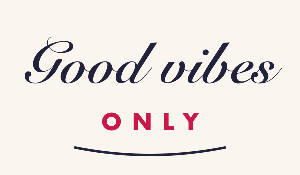 Dark navy script lettering reading Good vibes above the word ONLY in spaced red capitals and a curved underline on cream, original PNG at 4x zoom