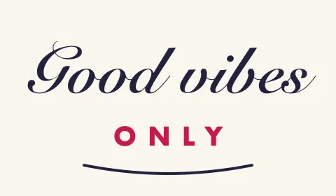 Dark navy script lettering reading Good vibes above the word ONLY in spaced red capitals and a curved underline on cream