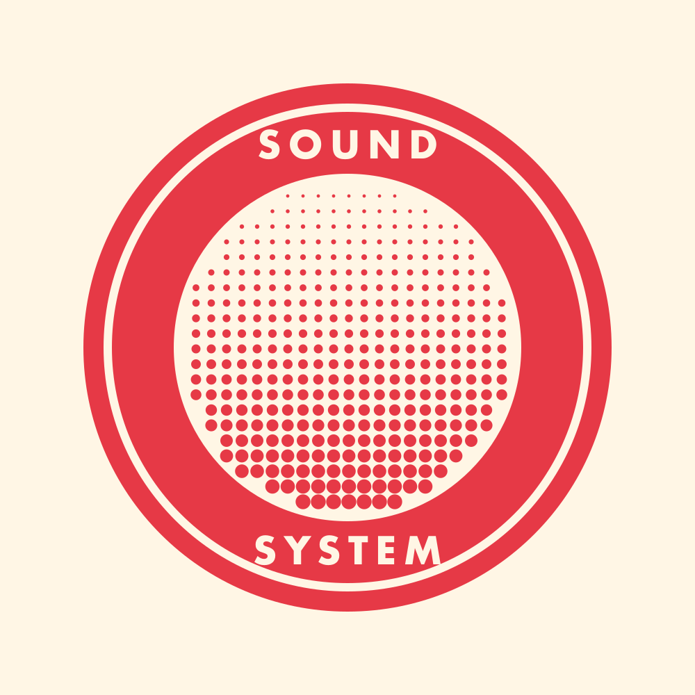 Red and cream circular badge reading Sound System with a halftone dot pattern growing larger toward the bottom, original PNG at 4x zoom