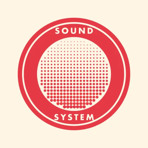 Red and cream circular badge reading Sound System with a halftone dot pattern growing larger toward the bottom