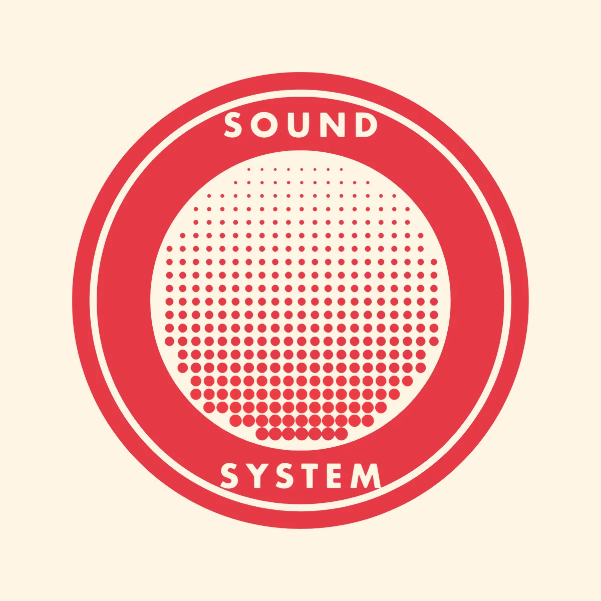 Red and cream circular badge reading Sound System with a halftone dot pattern growing larger toward the bottom, SVG preview