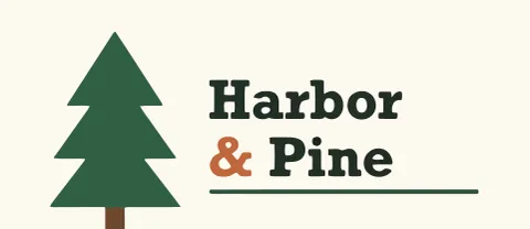 Harbor and Pine wordmark logo with a dark green pine tree, slab serif lettering and an orange ampersand on an off-white background