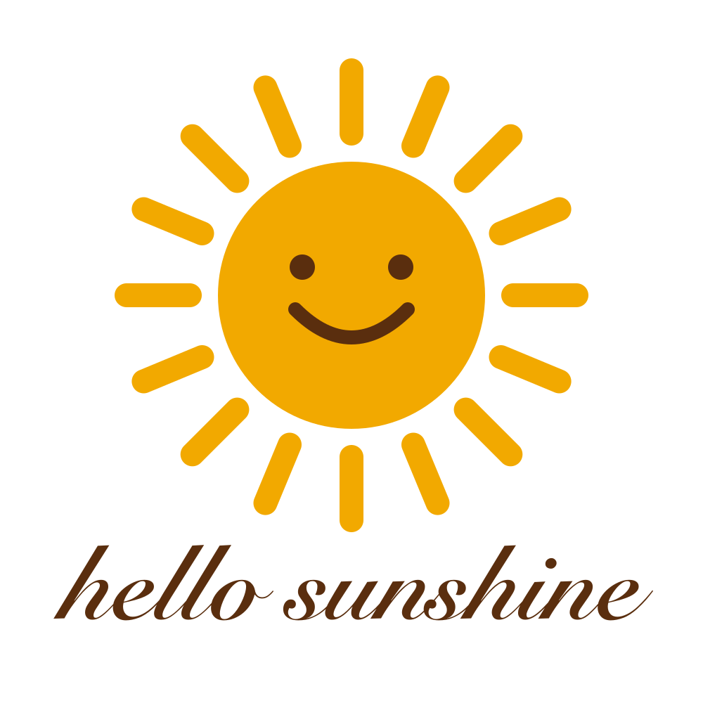 Smiling yellow sun with sixteen rounded rays above brown script lettering reading hello sunshine, original PNG at 4x zoom