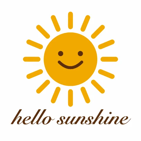 Smiling yellow sun with sixteen rounded rays above brown script lettering reading hello sunshine