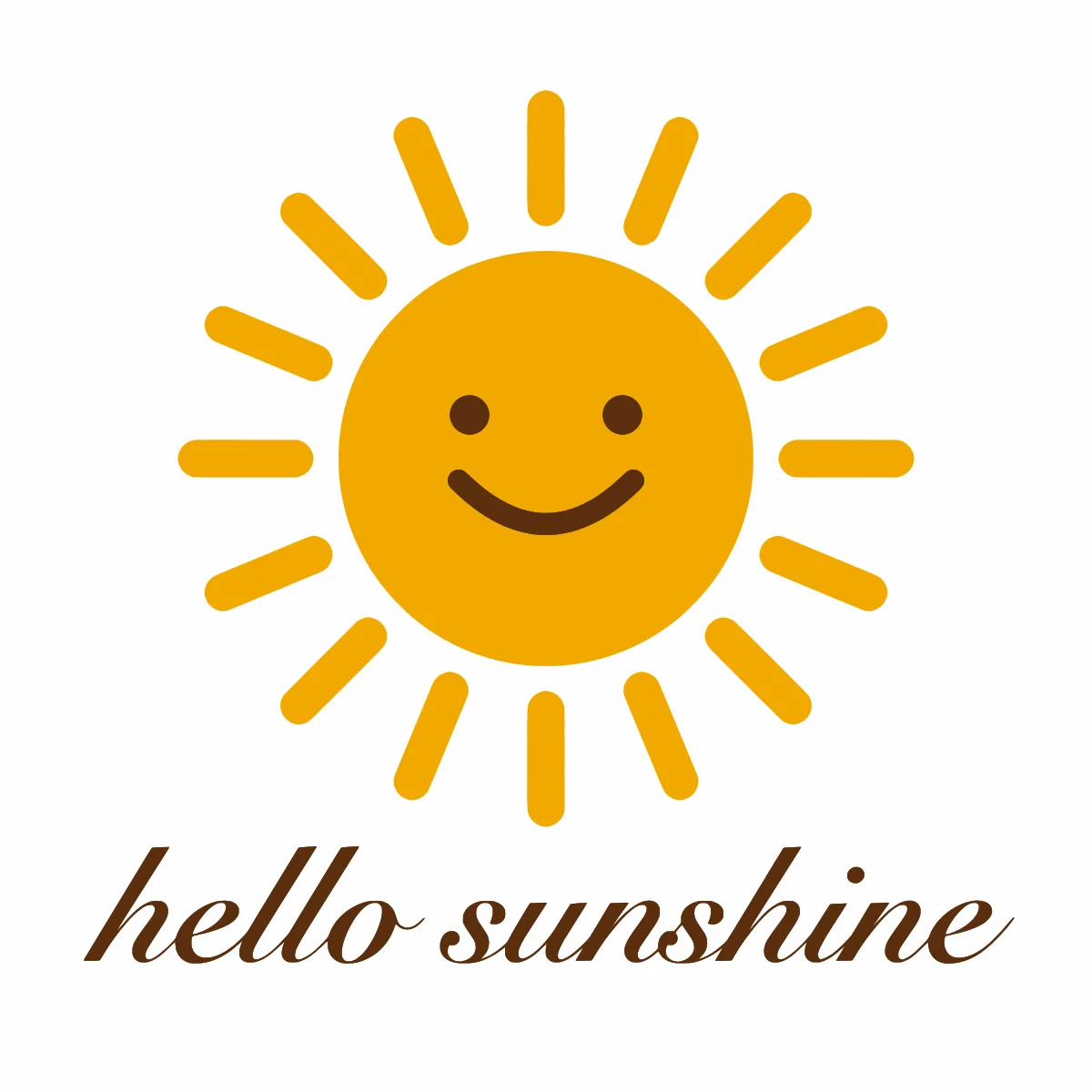 Smiling yellow sun with sixteen rounded rays above brown script lettering reading hello sunshine, SVG preview