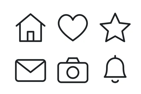 Six black outline icons on white: a house, a heart, a star, an envelope, a camera and a bell