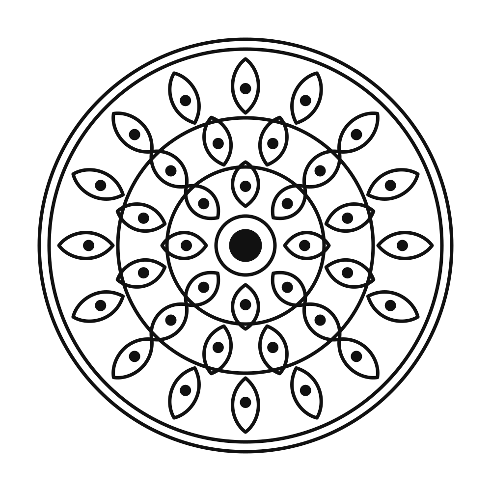 Black line art mandala with three rings of petal shapes and dots around a solid center on a white background, original PNG at 4x zoom