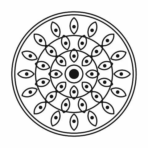 Black line art mandala with three rings of petal shapes and dots around a solid center on a white background