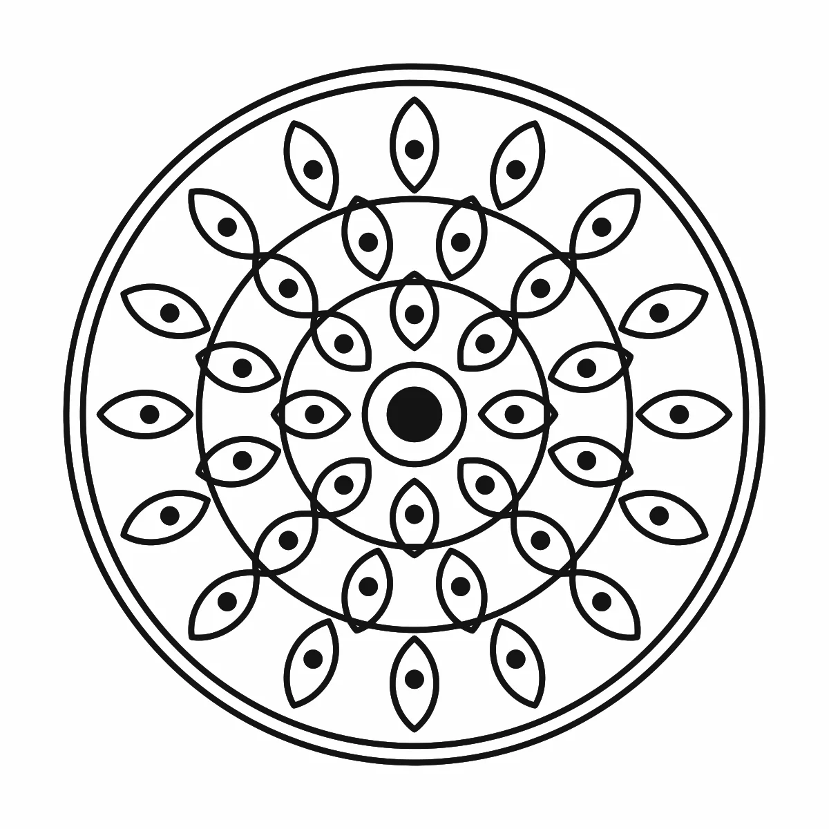 Black line art mandala with three rings of petal shapes and dots around a solid center on a white background, SVG preview