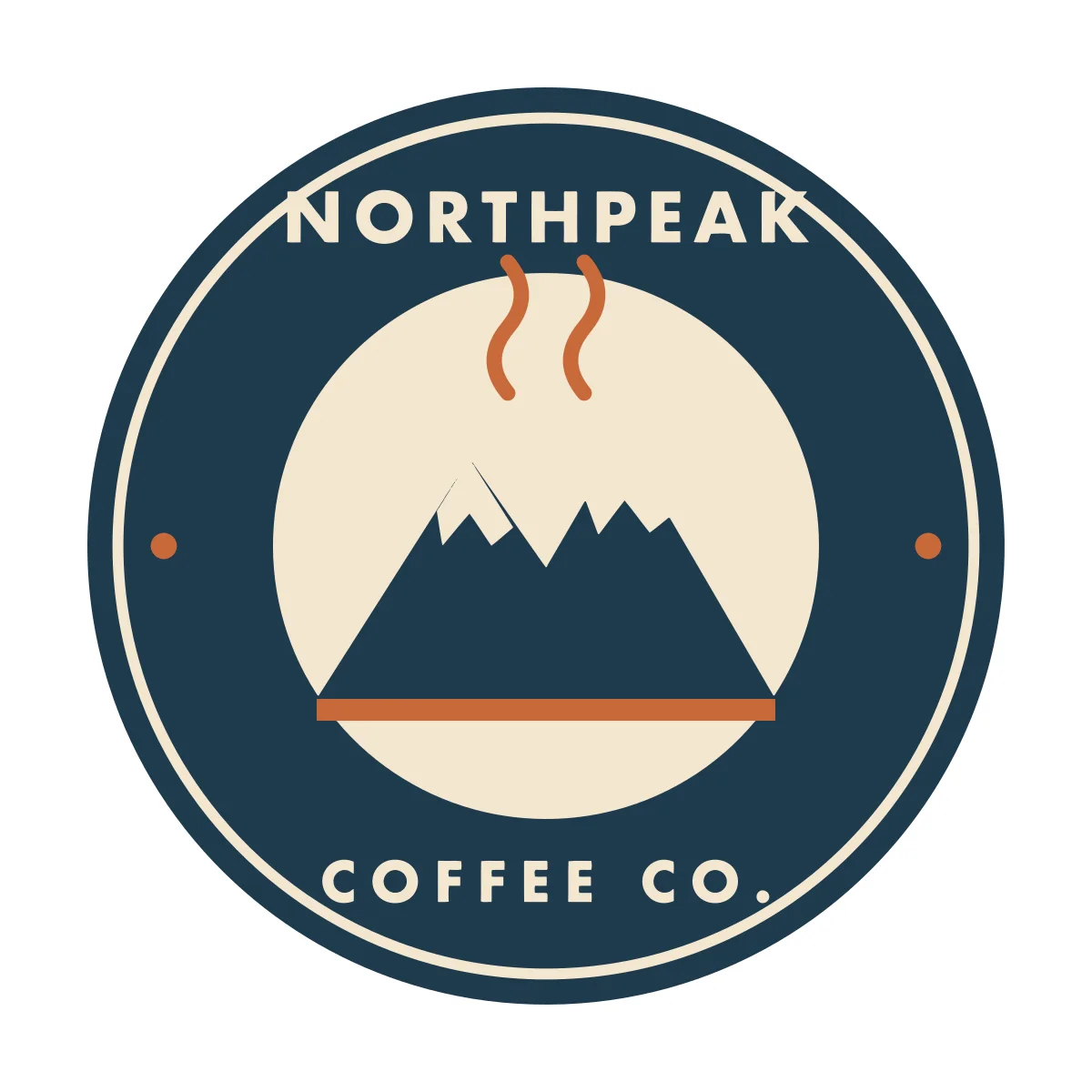 Round navy coffee shop badge logo with a cream mountain, rust-colored steam lines and the words Northpeak Coffee Co., SVG preview