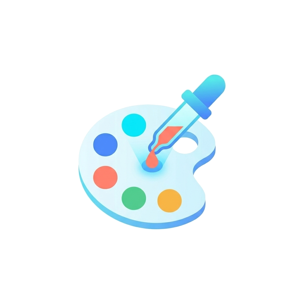 White paint palette icon with blue, cyan, red, green and yellow paint dots and a blue dropper, original PNG at 4x zoom