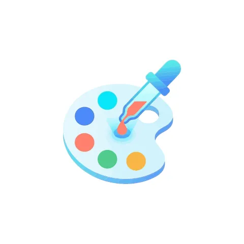 White paint palette icon with blue, cyan, red, green and yellow paint dots and a blue dropper