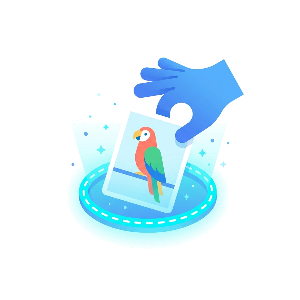 Illustration of a blue hand placing a card with a red and green parrot onto a glowing cyan platform, original PNG at 4x zoom