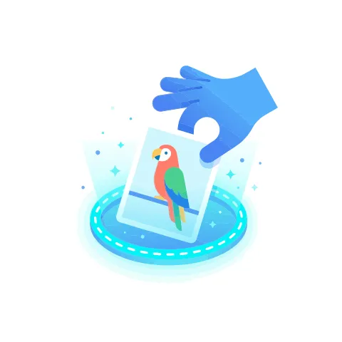 Illustration of a blue hand placing a card with a red and green parrot onto a glowing cyan platform