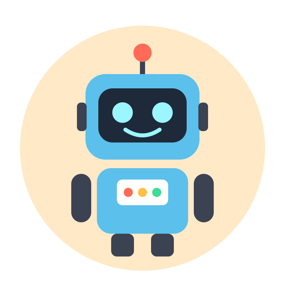 Friendly blue robot mascot with a dark face screen, cyan eyes and smile, a red antenna and three colored buttons on its chest, original PNG at 4x zoom