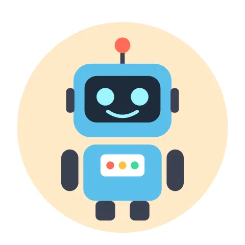 Friendly blue robot mascot with a dark face screen, cyan eyes and smile, a red antenna and three colored buttons on its chest