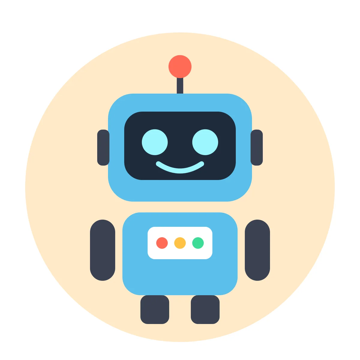 Friendly blue robot mascot with a dark face screen, cyan eyes and smile, a red antenna and three colored buttons on its chest, SVG preview