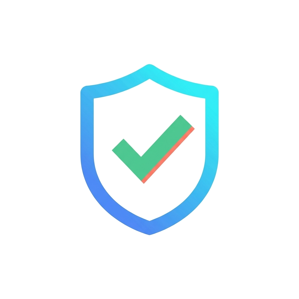 Blue gradient shield icon with a white center and a green check mark with an orange offset shadow, original PNG at 4x zoom