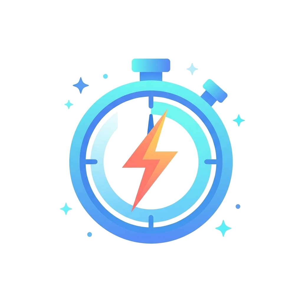 Blue gradient stopwatch icon with an orange lightning bolt on the dial and small cyan sparkles around it, original PNG at 4x zoom