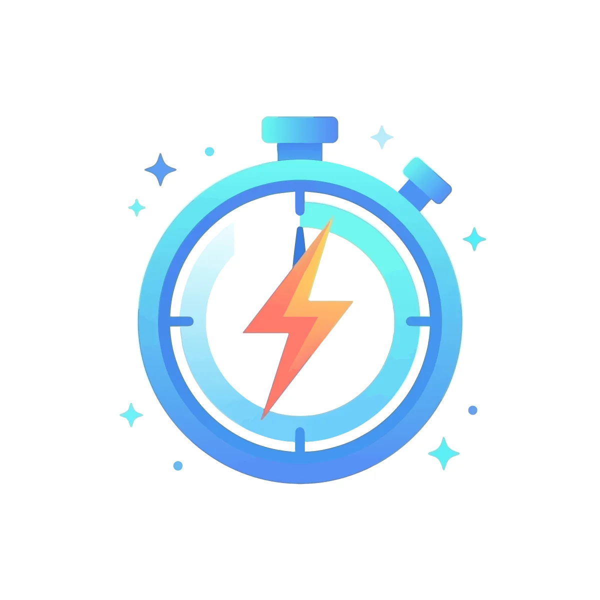 Blue gradient stopwatch icon with an orange lightning bolt on the dial and small cyan sparkles around it, SVG preview