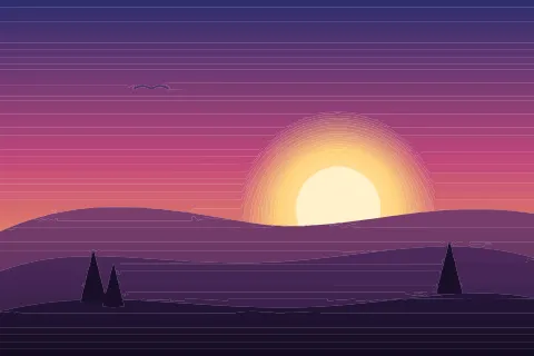 Sunset landscape with a purple to orange gradient sky, a glowing pale sun and layered dark purple hills with pine trees