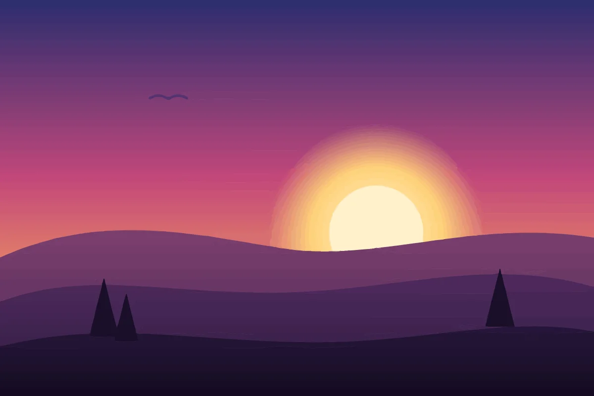 Sunset landscape with a purple to orange gradient sky, a glowing pale sun and layered dark purple hills with pine trees, SVG preview