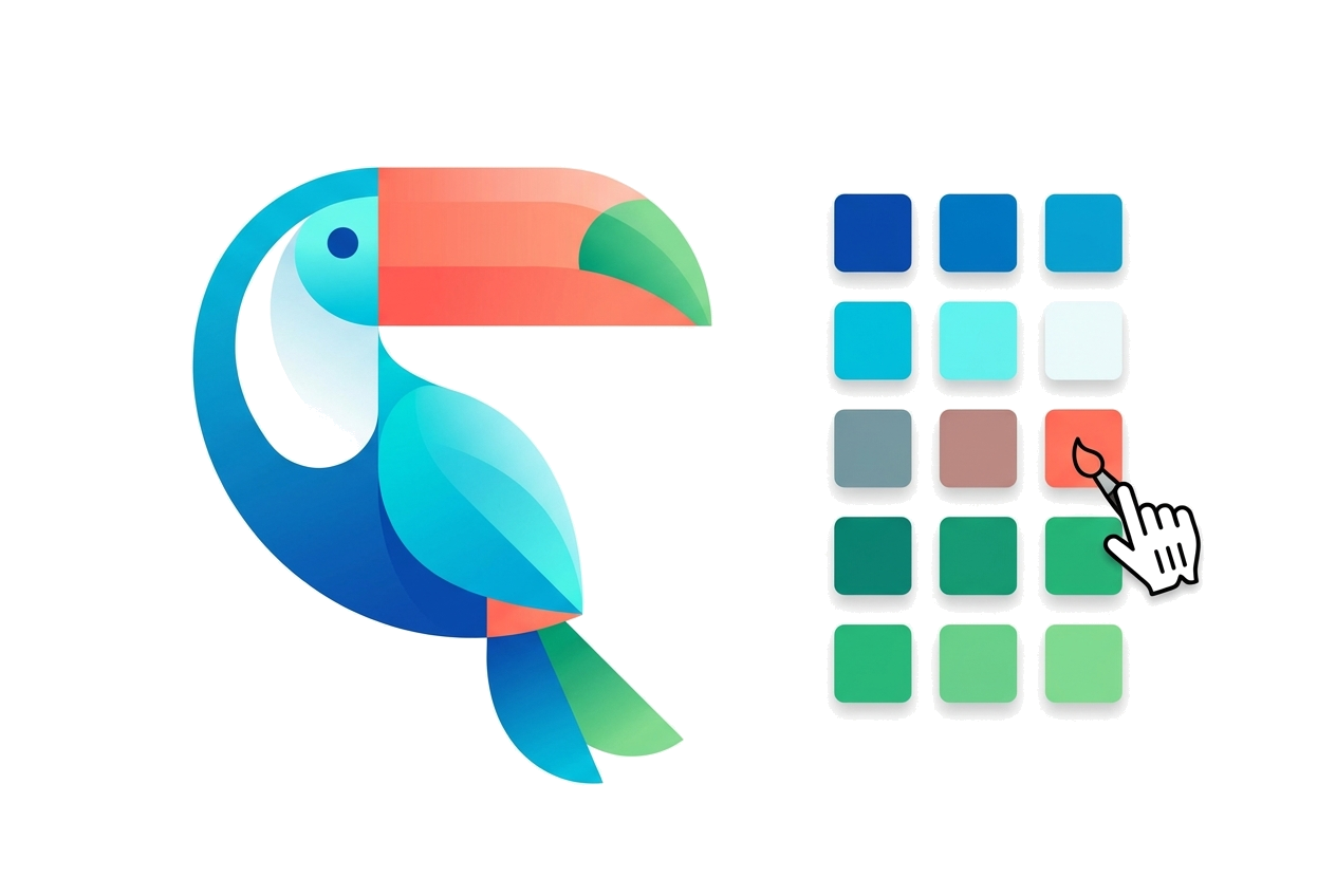 Gradient toucan illustration in blue and teal with a coral and green beak next to a grid of blue, teal, red and green color swatches, original PNG at 4x zoom