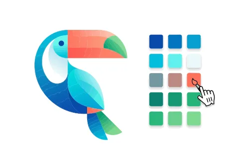 Gradient toucan illustration in blue and teal with a coral and green beak next to a grid of blue, teal, red and green color swatches