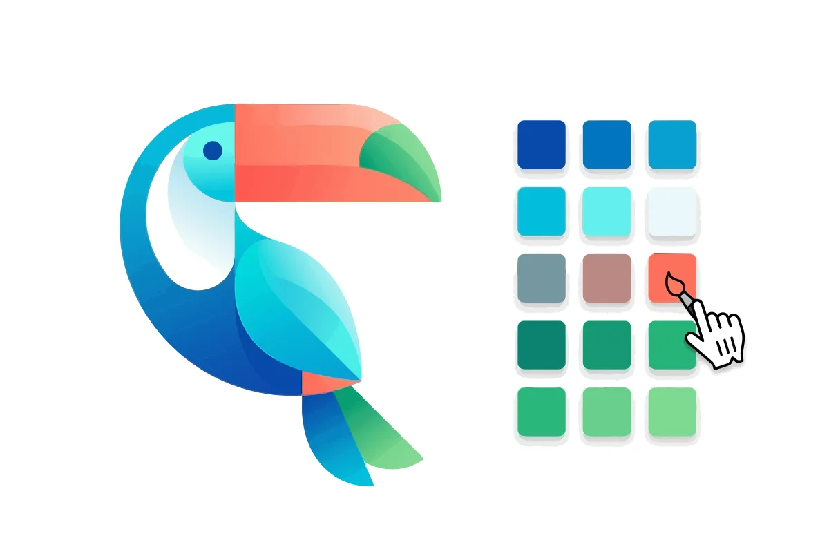 Gradient toucan illustration in blue and teal with a coral and green beak next to a grid of blue, teal, red and green color swatches, SVG preview