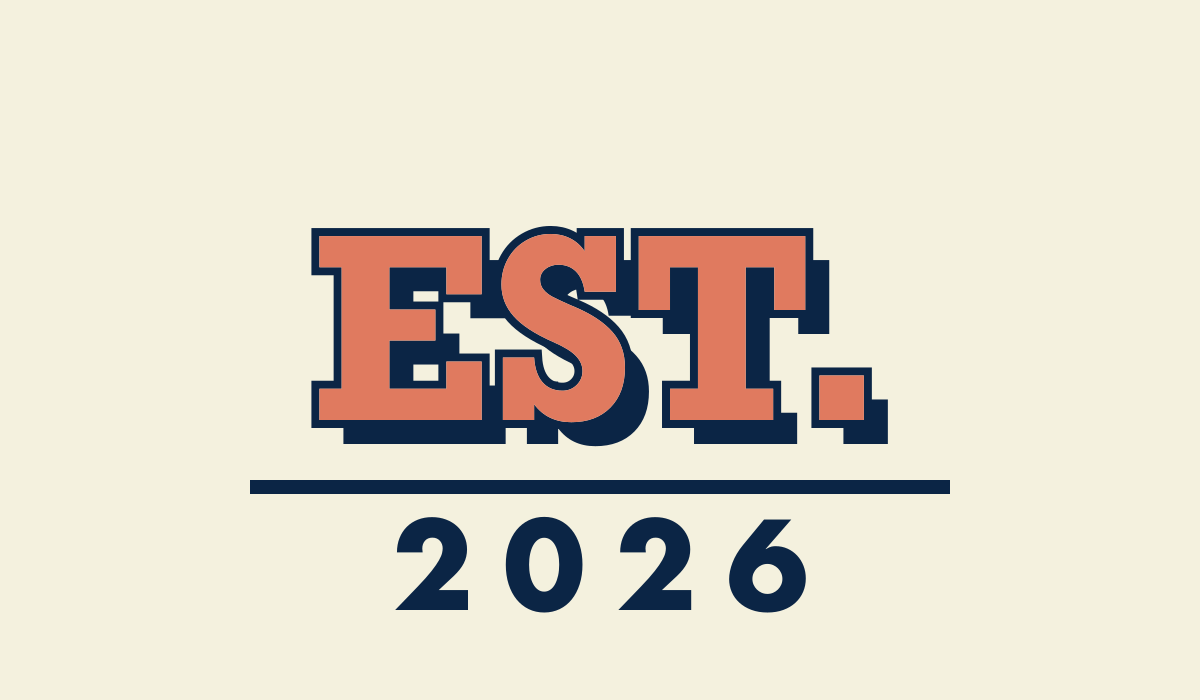 Coral slab serif letters reading EST. with a cream outline and navy drop shadow above the year 2026 and a navy rule, original PNG at 4x zoom
