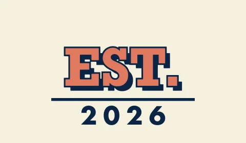 Coral slab serif letters reading EST. with a cream outline and navy drop shadow above the year 2026 and a navy rule