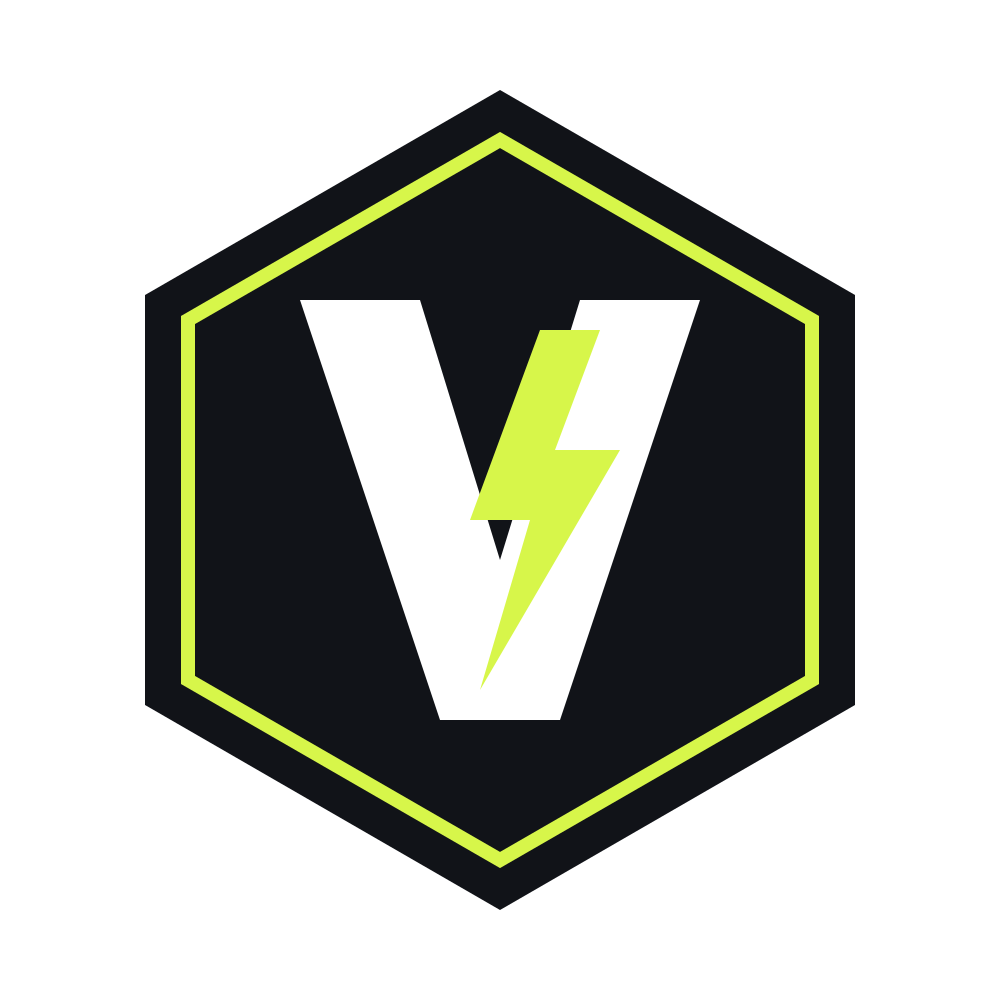 Black hexagon monogram logo with a white letter V, a lime green lightning bolt and a thin lime outline, original PNG at 4x zoom