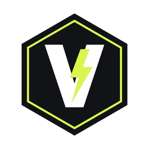 Black hexagon monogram logo with a white letter V, a lime green lightning bolt and a thin lime outline