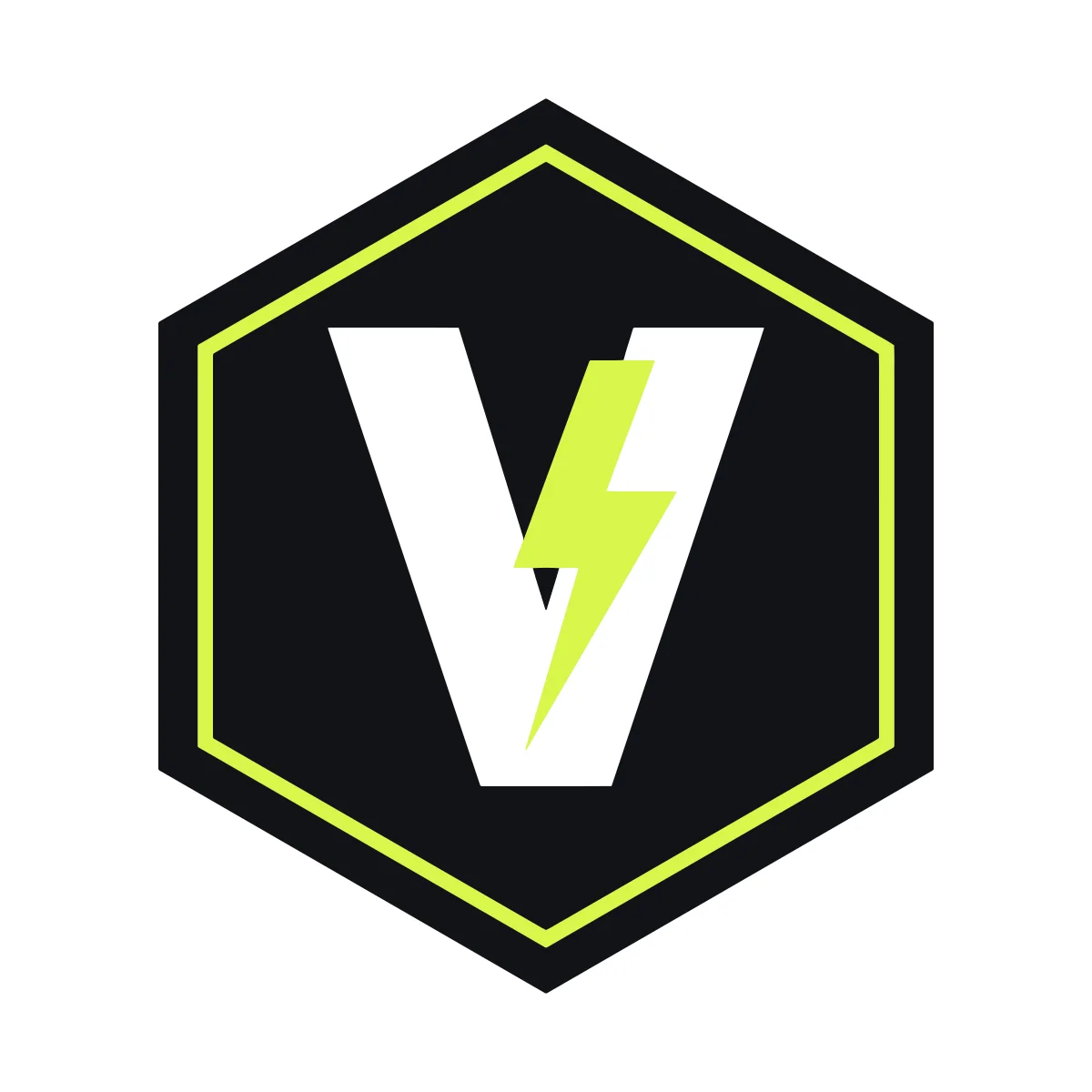 Black hexagon monogram logo with a white letter V, a lime green lightning bolt and a thin lime outline, SVG preview